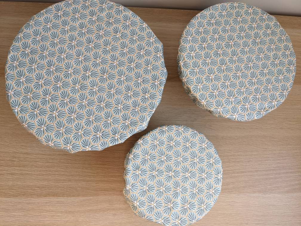 Charlottes Couvre Plat en Coton Enduit et Élastique, Lot de 3 Couvercle Tissu, Bleu Clair, Emballage