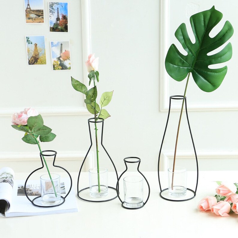 Retro Iron Line Flowers Vase Metal Plant Holder Modern Solid Decor Nordic Outline Silhouette Style Glass not included image 2