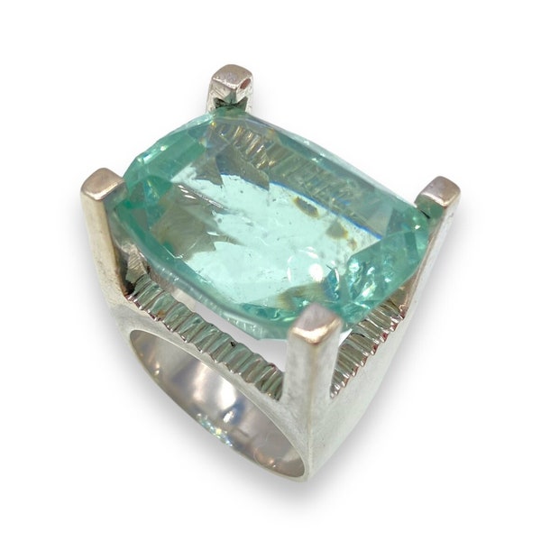 Large Brutalist Silver Aquamarine Glass Cocktail Ring.