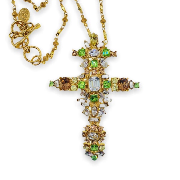 Rare Christian Lacroix Crystal Cross Pendant/Brooch with Christian Lacroix Chain, Signed.