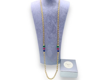 Christian Dior Bijoux Red Green and Blue Glass Beaded 89cm Chain Necklace,Signed with Original Box.