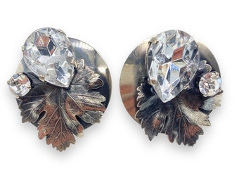 Ermani Bulatti Maple Leaf and Swarovski Crystal Clip on Earrings, Signed.