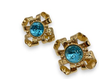 Givenchy Aquamarine Blue Glass Gold Plated Clip on Earrings, Signed.