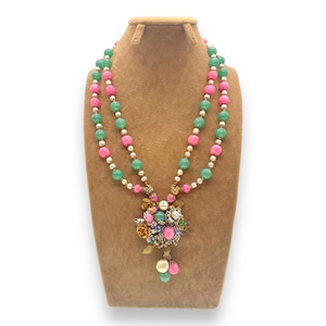 Miriam Haskell Double Strand Green and Soft Pink Glass Beaded Pendant Necklace, Signed.