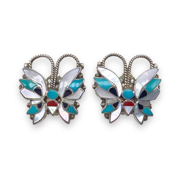 Zuni  'Rossita Wallace' Signed Sterling Silver Mother of Pearl and Turquoise Inlay Butterfly Clip on Earrings, Signed.