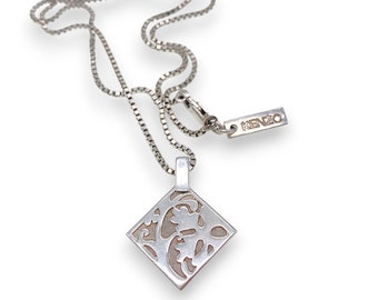 Kenzo Paris 925 Necklace Sterling Silver Flower Pendant Red Silk