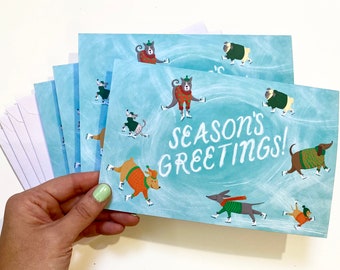Ice Skating Dogs in Sweaters  Season's Greetings Holiday Cards--Set of Four