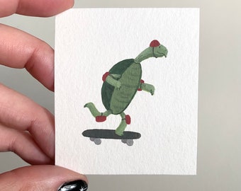Turtle on a Skateboard -- Original Mini Painting