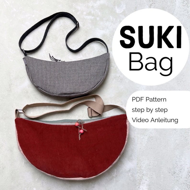SUKI Bag Sewing Pattern, Sewing Half Moon Bag, 2 Sizes, Crossbody Bag Pattern image 1
