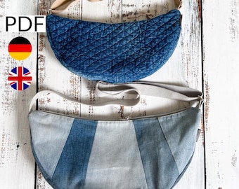 SUKIバッグの縫製パターン、ハーフムーンバッグの縫製、2サイズ、クロスボディバッグのパターン