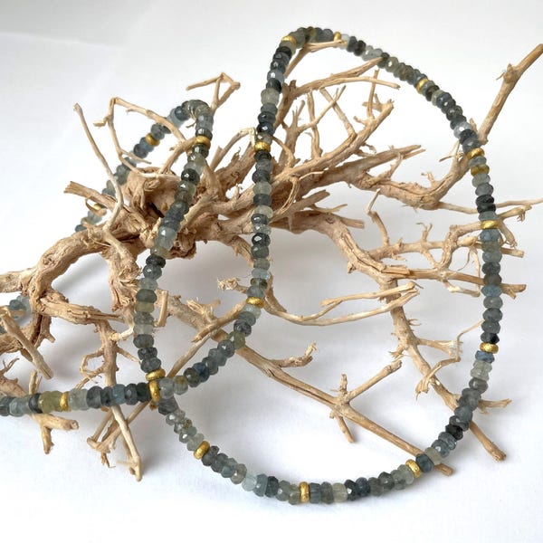 Collier en aigue-marine bleu-vert-gris de 3 mm avec placage or sur argent sterling
