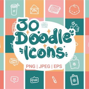 手描き落書きアイコン30個、キュートでカラフルなアイコン、ストーリーのハイライト用アイコン、中小企業向け製品落書き、クリップアートイラストJPEG、EPS