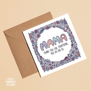 Mama Danke, Karte zum Muttertag, Geburtstagskarte der Mama, Floral Doodle Art, digitale Grußkarte, Hand illustrierte Blumen Ma