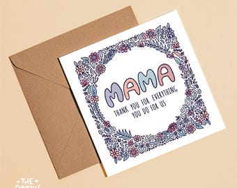 Mama Danke Karte: Floral Doodle Art (Digitaler Download)