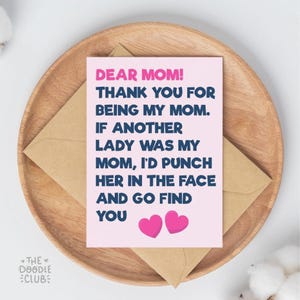 Cartão de Dia das Mães para imprimir, engraçado e fofo, cartão de aniversário rosa para a mãe, cartão de amor, cartão com citação engraçada, querida mãe, cartão digital para o Dia das Mães