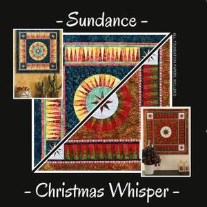 Op de afbeelding: Een quiltpatroonontwerp met de titel "Sundance - Christmas Whisper" van Jacqueline de Jonge BeColourful. Het ontwerp heeft een rood, geel en groen kleurenschema met een stervormig patroon.