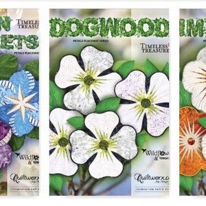 Puede incluir: Tres folletos de patrones de acolchado titulados African Violets, Dogwood e Impatiens de la serie Petals Placemat de Timeless Treasures y Quiltworx. Cada portada presenta un diseño de flor de tela con hojas verdes.
