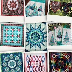 Op de afbeelding: Een verzameling handgemaakte quilts met verschillende geometrische ster- en boomontwerpen. De quilts tonen een reeks kleuren, waaronder teal, rood, blauw en groen, met ingewikkelde patronen en gedetailleerde stiksels. Elke quilt is uniek, met de nadruk op vakmanschap.
