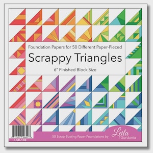 May include: A square package of foundation papers for paper piecing. The cover features a grid of colorful, geometric triangles in various shades of red, orange, yellow, green, blue, and purple. The text reads "Scrappy Triangles" and "6" Finished Block Size."
