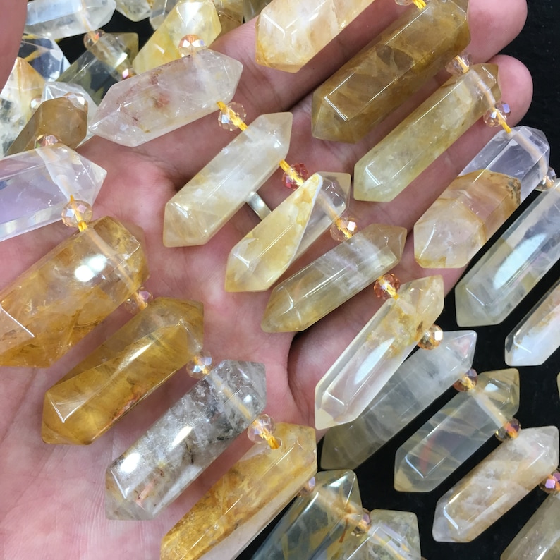 Healing Crystal Point Natural Yellow crystal Hexagonal Double Point Gemstone,Faceted Yellow crystal Quartz Crystal. Top Drilled Double