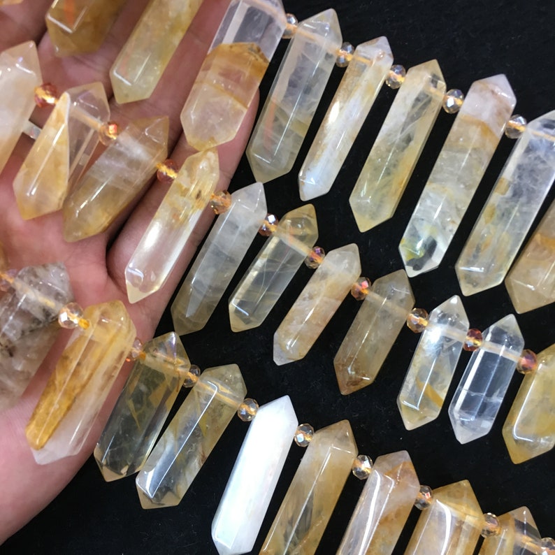 Healing Crystal Point Natural Yellow crystal Hexagonal Double Point Gemstone,Faceted Yellow crystal Quartz Crystal. Top Drilled Double