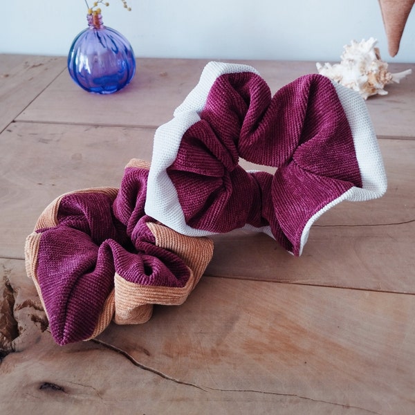 Chouchou pour cheveux en velours cotelé fin bicolore, Scrunchie avec Elastique - Modèle Aurora