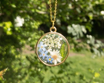 Handmade Resin wildflowers necklace on 18k gold or sterling silver chain | Real dried floral necklace | pressed flower necklace jewellery