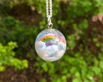 Handmade Resin Sphere Rainbow Sparkly Necklace for women | Blue Sky Clouds in Globe Rainbow Pendant | Circle Charm on Sterling Silver chain