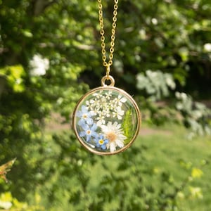 Handmade Resin wildflowers necklace on 18k gold or sterling silver chain | Real dried floral necklace | pressed flower necklace jewellery