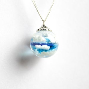 Handmade Blue Cloud Sky Sphere Pendant Necklace | Fluffy White Clouds | Resin Globe Celestial Necklace | Circle charm Nature inspired