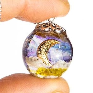 Handmade Resin necklace with sky and  moon Sphere Orb pendant | Starry Space theme charm necklace | Clouds Night sky necklace | Galaxy globe