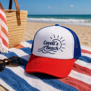 Covell's Beach Trucker Hat | Foam Mesh Cap, Surf Wave Sun Design Cape Cod