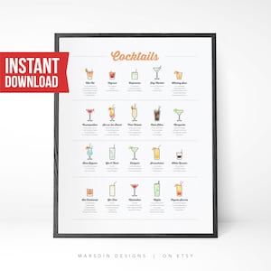 Classic Cocktails Print, Cocktail Poster, Cocktail Art, Drink Bar Poster, Cocktail Gift, Minimal, Kitchen Art