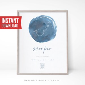 Scorpio Watercolor Zodiac Poster Print, Zodiac Gift, Scorpio Gift, Horoscope Poster Wall Decor, Print Digital Download