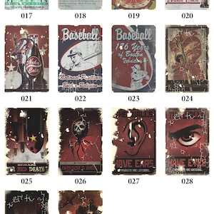 May include: A collection of vintage-style posters with a Fallout theme. The posters feature various images and text, including a boxing gym, a baseball game, a skull with a spider, and a warning about the red death. The posters are all in a distressed, worn look, giving them a retro feel.