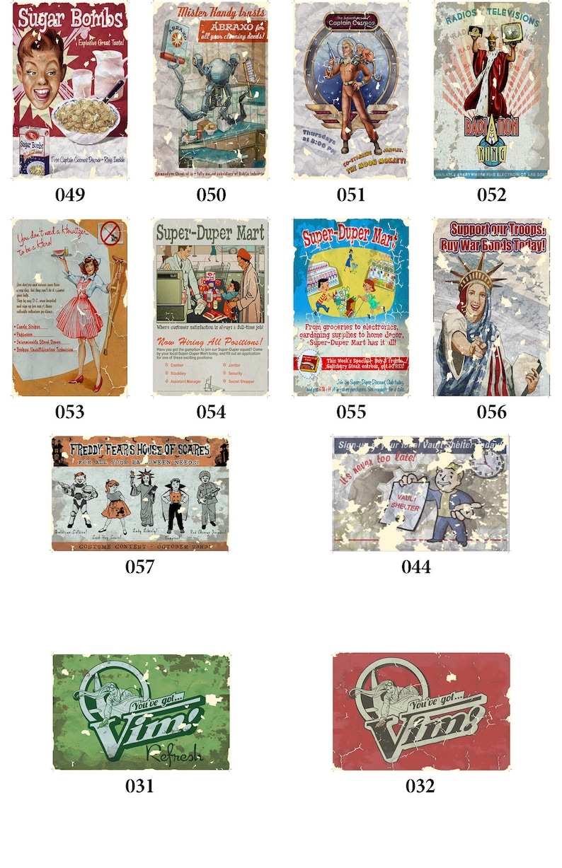 May include: A collection of vintage-style advertisements featuring various products and services. The ads are printed on worn and faded paper with a distressed look. Some of the ads include text such as "Sugar Bombs", "Mister Handy trusts ABRAXO", "Captain Casper", "Super-Duper Mart", "Support our Troops, Buy War Bonds Today!" and "Freddy Fears House of Scares".