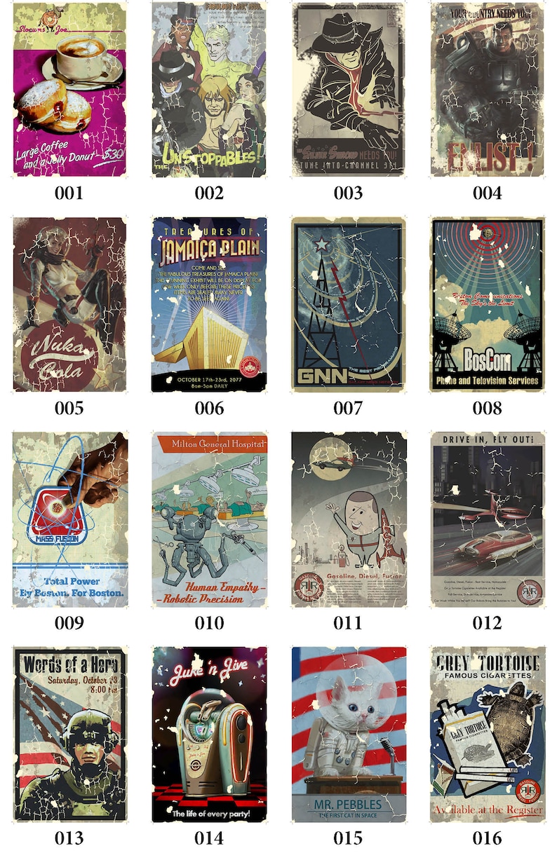 May include: A collection of 16 vintage-style posters with a distressed, faded look. The posters feature various themes, including a coffee shop, a cartoon superhero team, a radio tower, a robot, a cat in space, and a cigarette advertisement. The posters are all in a similar style, with a faded background and bold text.