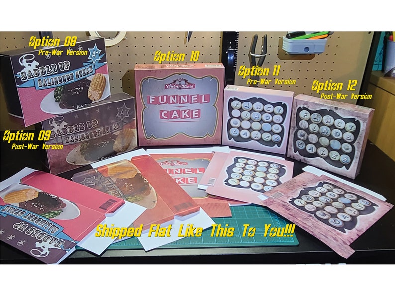 May include: A collection of eight different box designs for a board game. The boxes are all different colors and have different designs. The boxes are all flat and ready to be shipped. The text on the boxes reads "Saddle Up Salisbury Steak", "Funnel Cake", and "Fancy Cakes".