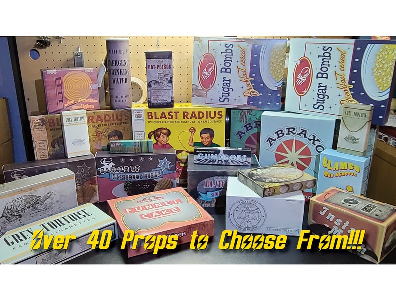 May include: A collection of over 40 vintage-style props, including boxes, cans, and games. The props feature various designs and colors, including red, blue, green, and yellow. The props are arranged on a wooden surface.