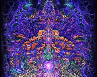 Psy backdrop "Mount Shiva" UV Active Blacklight Meditation Tapestry Fluorescent Psychedelic Art