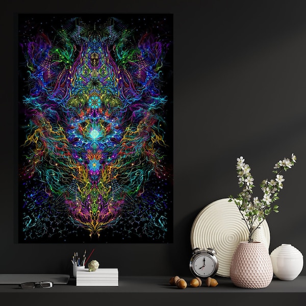 Lotus Psychedelic Backdrop : UV Blacklight Fractal Art, Meditation Wall Art