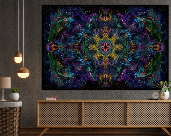 Psy backdrop "Yantra of the Universe" UV blacklight active fluorescent psychedelic tapestry wall hanging trance party sacred geometry