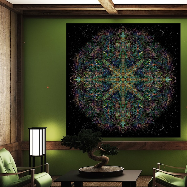 UV Blacklight Backdrop : Cyber Yantra - Psychedelic Trance Festival Decor - Trippy Room - Sacral Geometry - Fractal