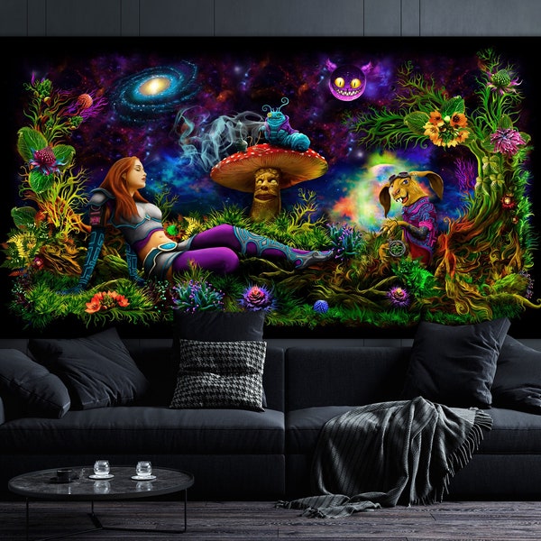 Psy backdrop "Alice in a psychedelic wonderland." UV blacklight active halloween tapestry wall hanging trance party visual art