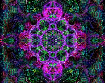 UV Backdrop Blacklight : Flower of Life Tapestry - Psychedelic Sacred Geometry - Trippy Room - Party Deco