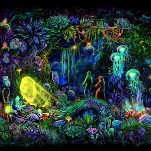 Psy 背景「ウィザード フォレスト」UV アクティブ ブラックライト タペストリー、ファンタジー サイケデリック アート、マジック ポータル、トリッピー ルーム トランス フェスティバル パーティー デコレーション