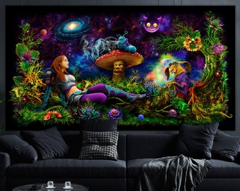 Psy backdrop "Alice in a psychedelic wonderland." UV blacklight active halloween tapestry wall hanging trance party visual art