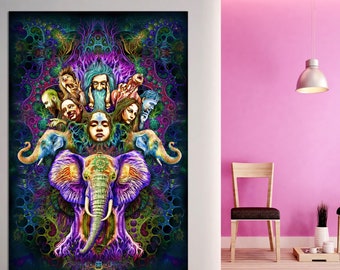 Psy backdrop "Emotions" UV blacklight active fluorescent psychedelic tapestry people dancing peace love elephant trance party mandala art