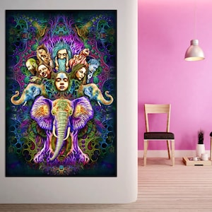 Psy backdrop &quot;Emotions&quot; UV blacklight active fluorescent psychedelic tapestry people dancing peace love elephant trance party mandala art