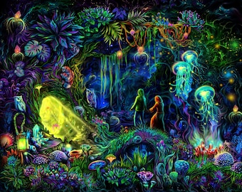 Psy achtergrond "Wizard forest" UV actief blacklight tapijt, Fantasy psychedelische kunst, magisch portaal, trippy kamer trance festival feestdecor